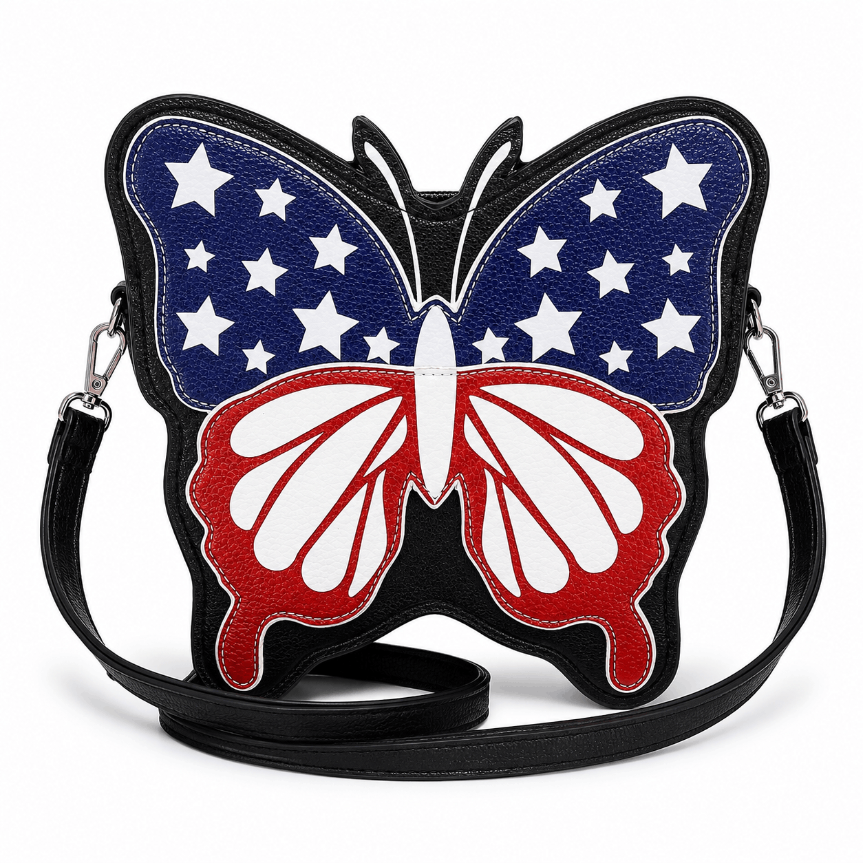 American flag butterfly crossbody bag with patriotic red, white, and blue butterfly design on a white background