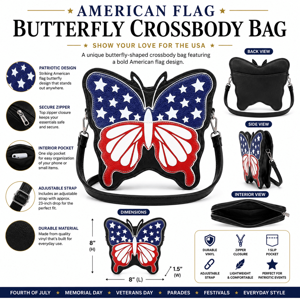 Product infographic highlighting the features, dimensions, and adjustable strap of the American flag butterfly crossbody bag