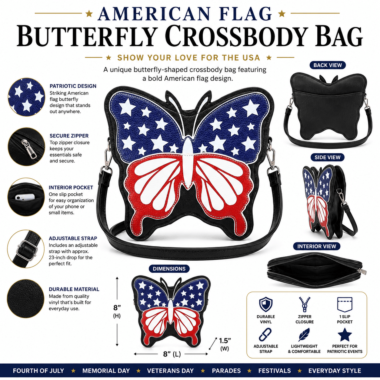 Product infographic highlighting the features, dimensions, and adjustable strap of the American flag butterfly crossbody bag