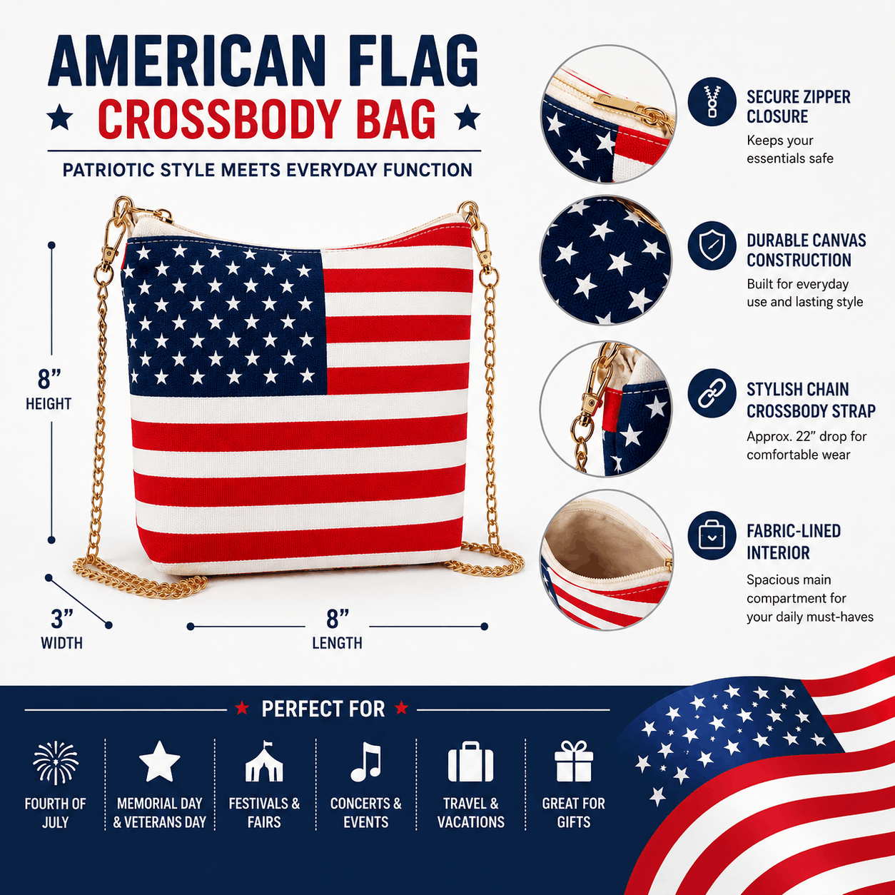 American flag crossbody bag infographic showing dimensions, canvas material, zipper closure, and chain strap