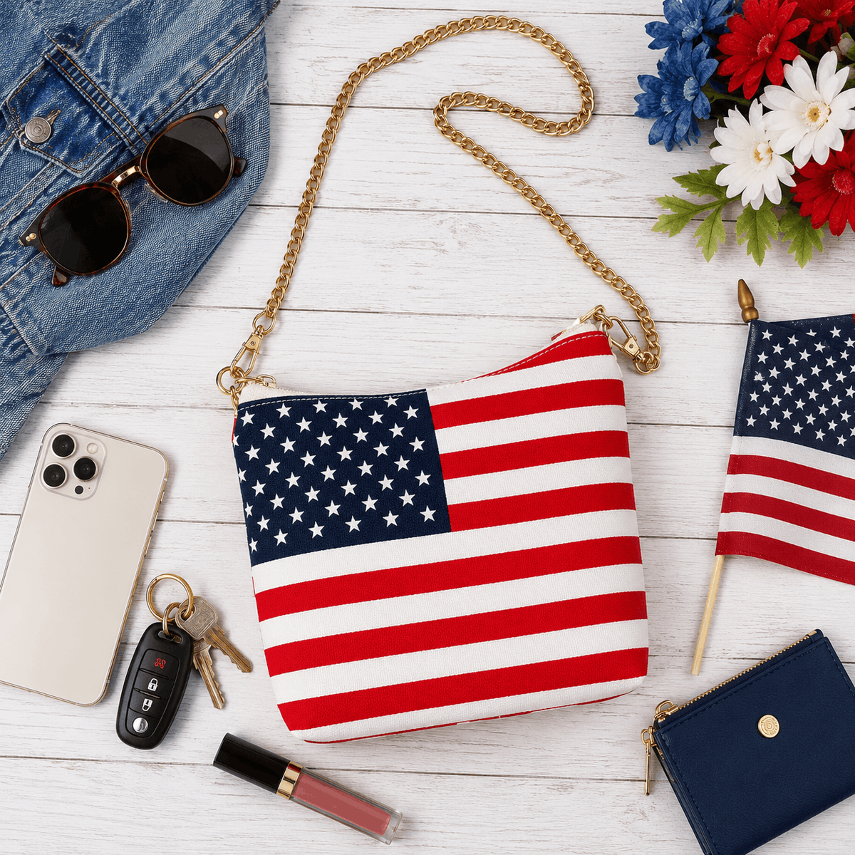 American flag crossbody bag styled in a patriotic flat lay with everyday accessories