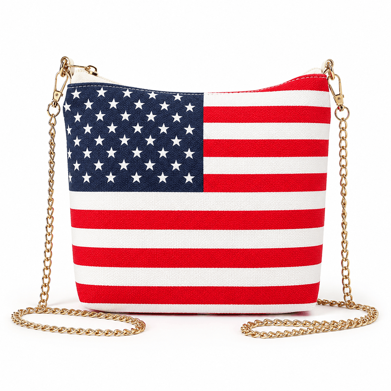 American flag crossbody bag with gold chain strap shown from the front