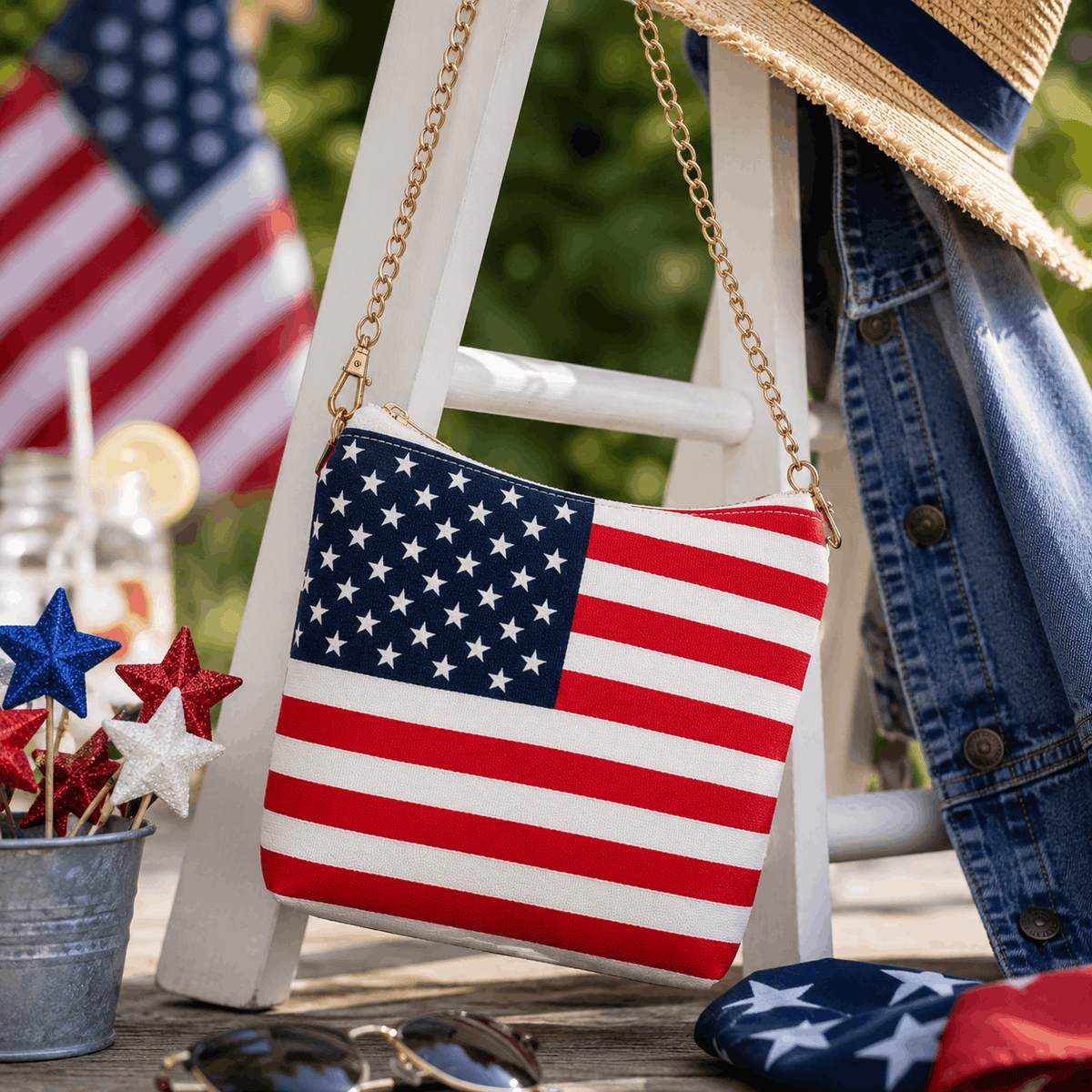 American flag crossbody bag displayed outdoors with patriotic summer accessories