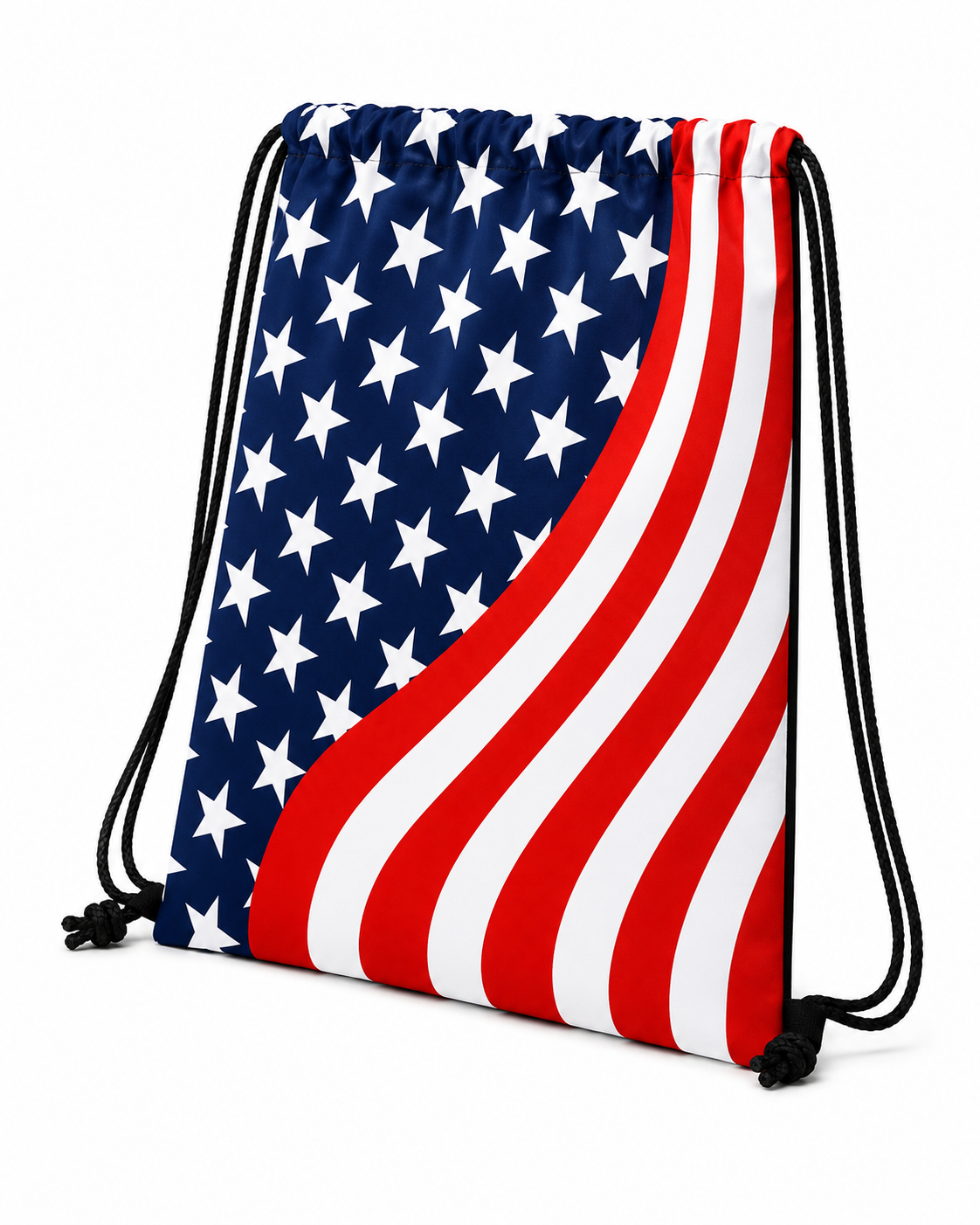 Angled view of the American Flag Drawstring Bag with black drawstring straps