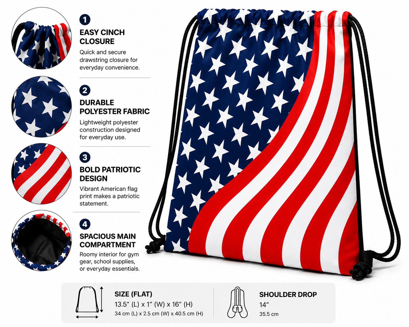 American Flag Drawstring Bag features including polyester fabric, cinch closure, reinforced corners, size, and single compartment