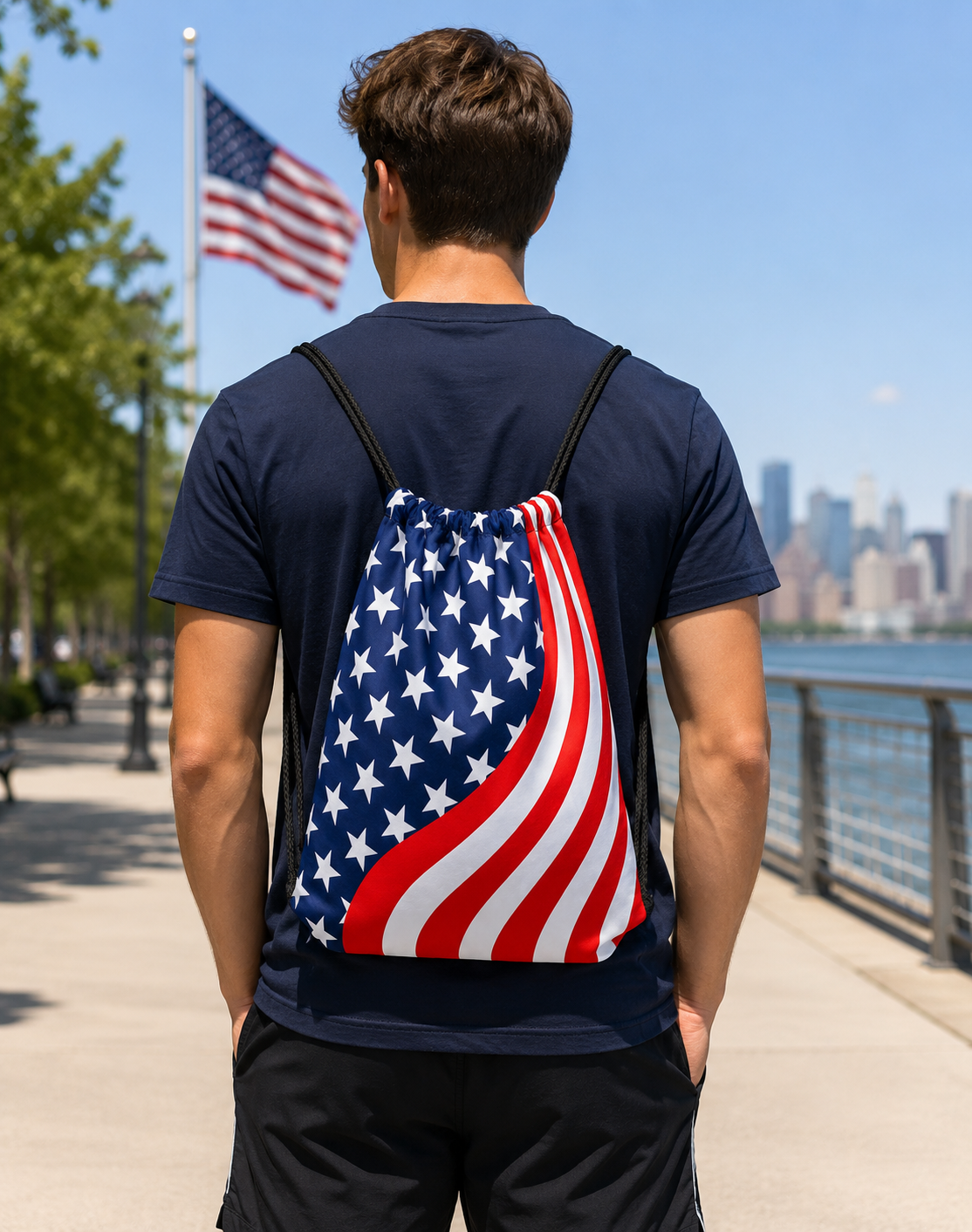 Person wearing the American Flag Drawstring Bag outdoors