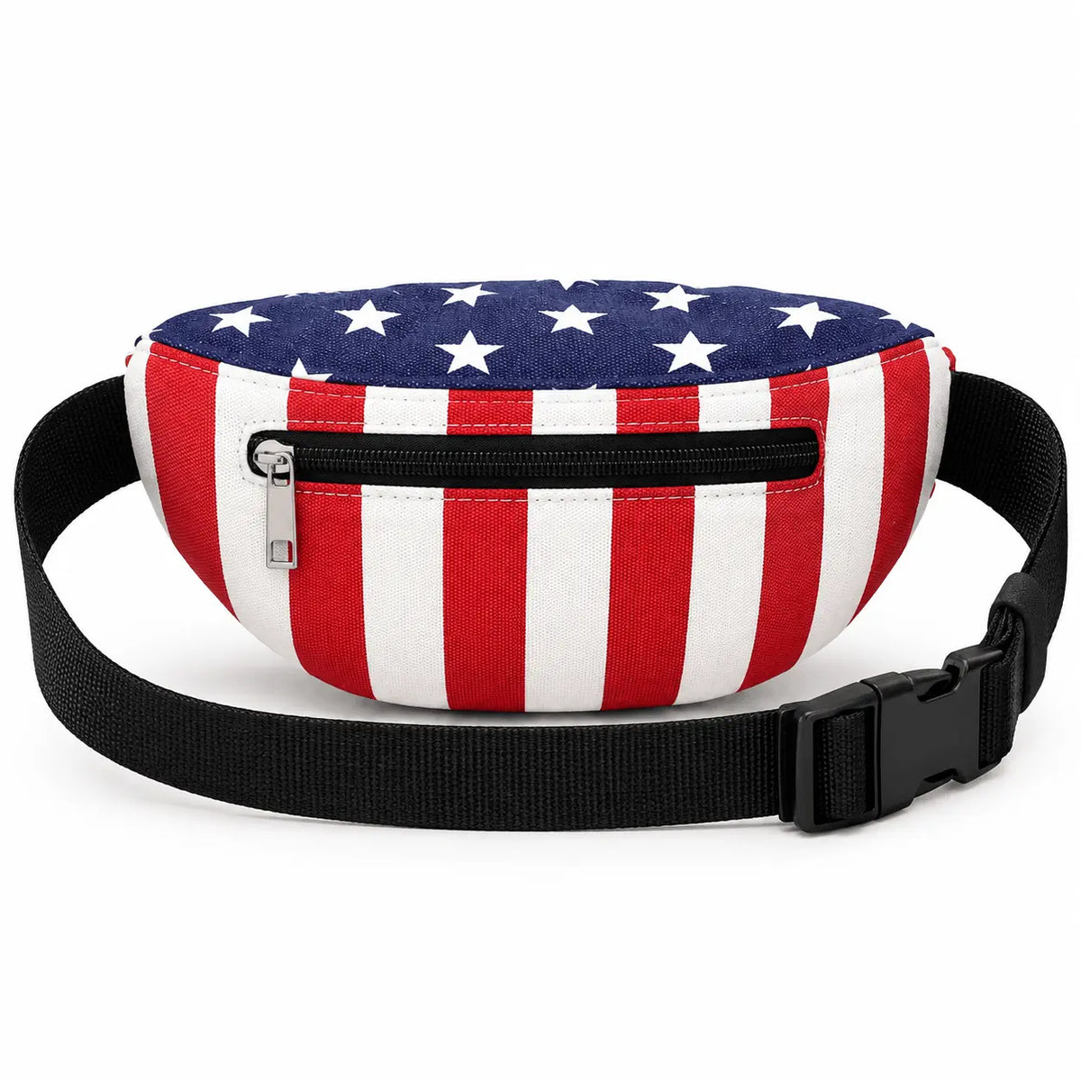 Back view of the American Flag Fanny Pack showing the rear zippered pocket and adjustable black waist strap.