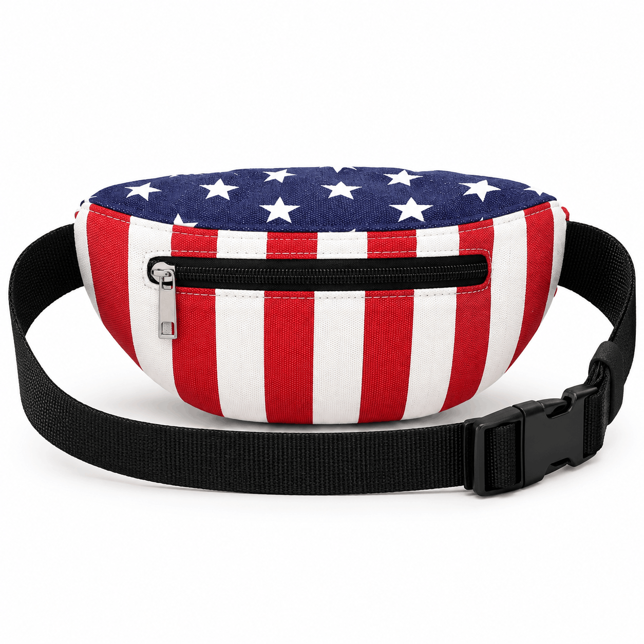 Back view of the American Flag Fanny Pack showing the rear zippered pocket and adjustable black waist strap.