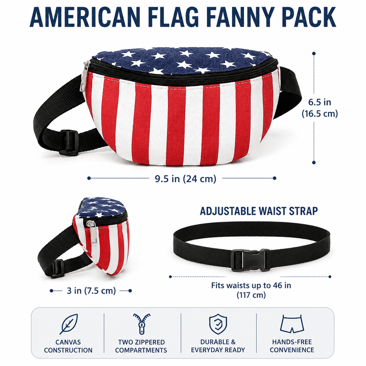 American Flag Fanny Pack dimensions infographic showing approximate size, adjustable waist strap, and key product features.