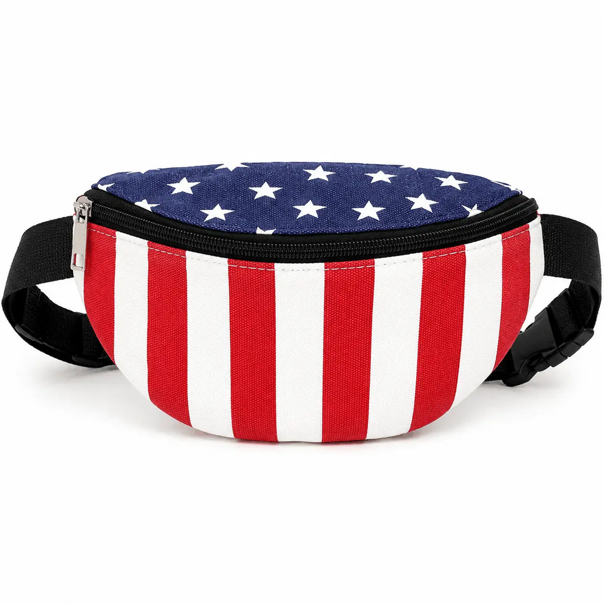 American Flag Fanny Pack front view featuring red and white stripes, blue stars, black adjustable strap, and zippered main compartment.