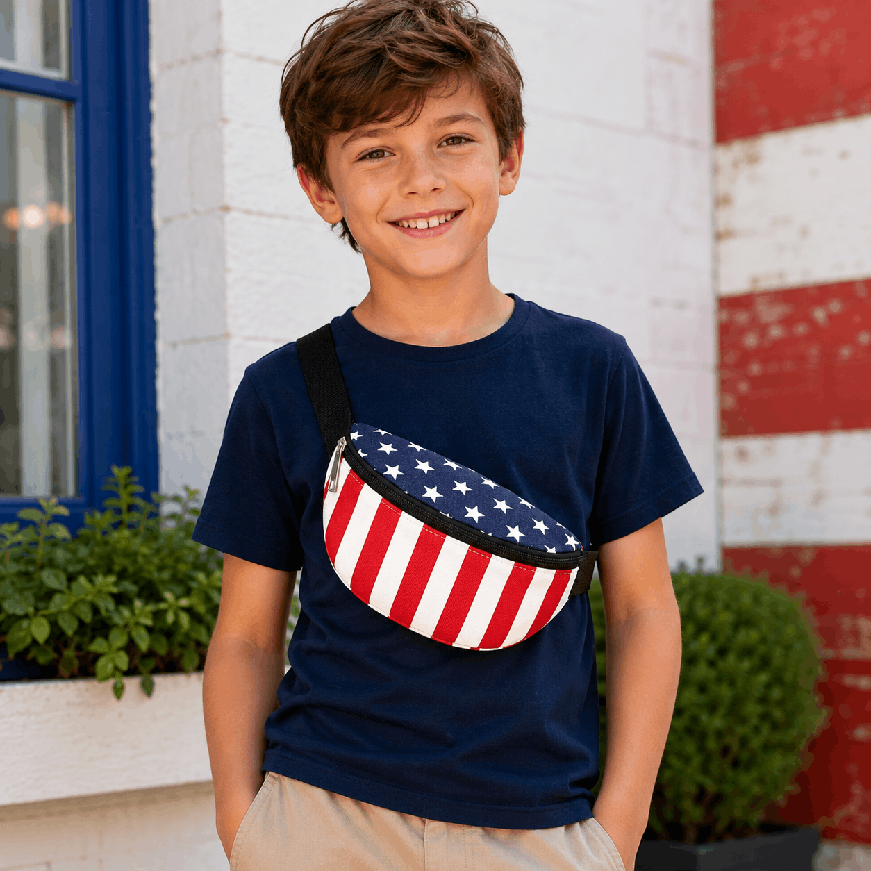Child wearing the American Flag Fanny Pack crossbody during a patriotic outdoor celebration.