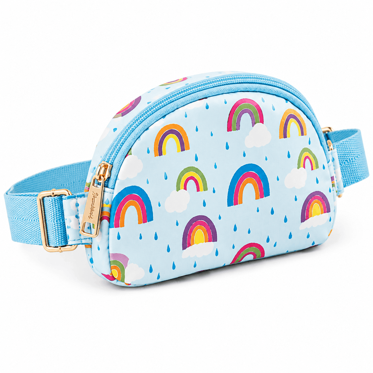 Angled view of the April Showers Belt Bag showing the rainbow print, gold-tone zipper pull, and adjustable blue strap.