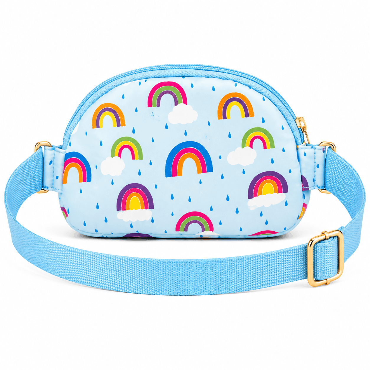 Back view of the April Showers Belt Bag with the matching rainbow, cloud, and raindrop print and adjustable strap.