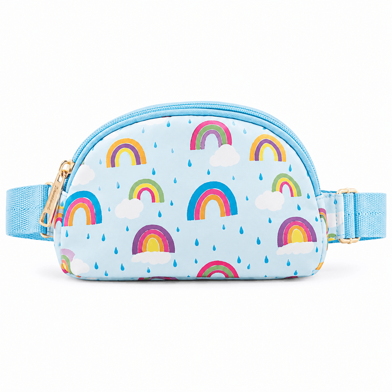 Front view of the April Showers Belt Bag featuring a light blue background with colorful rainbows, clouds, and raindrops.