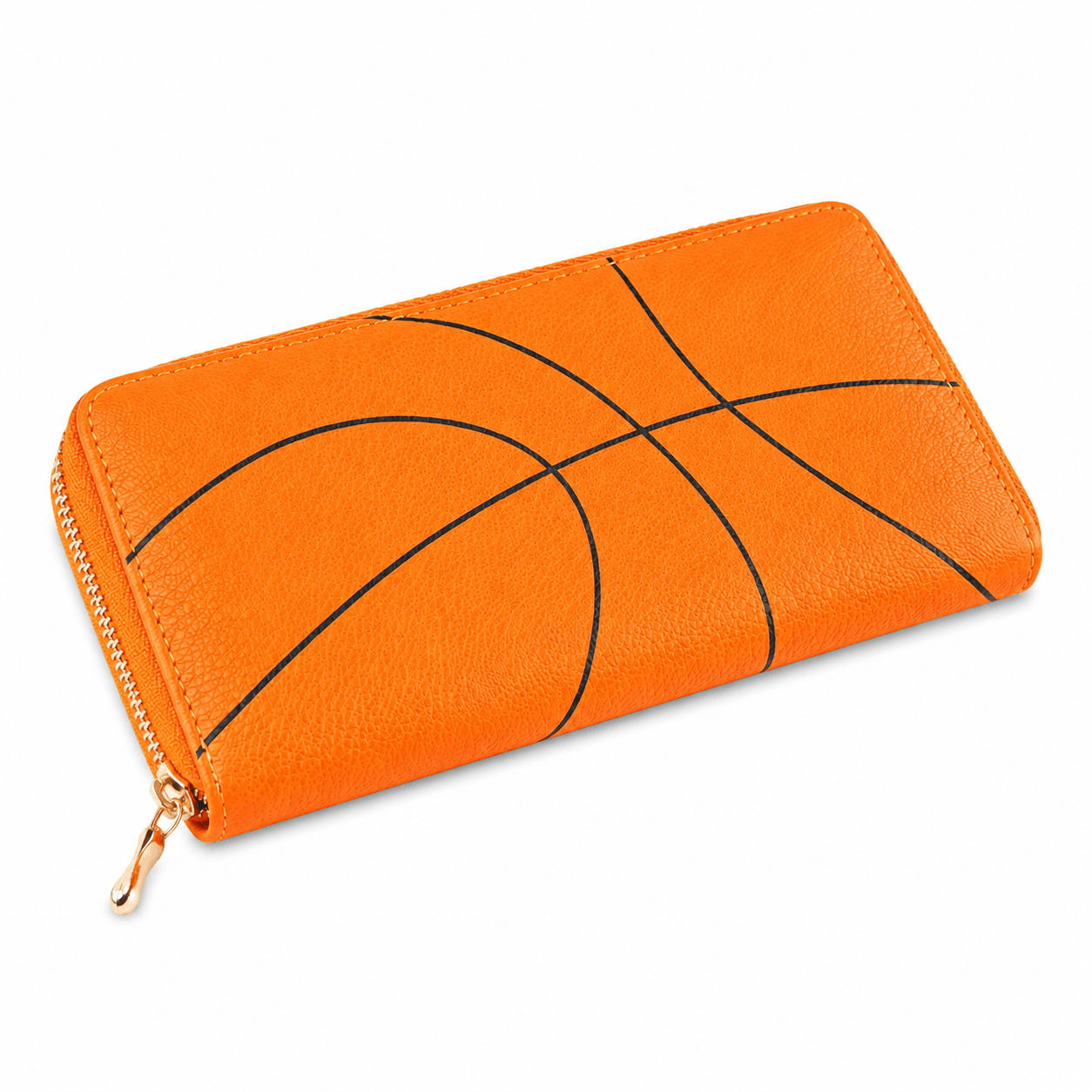 Orange basketball zipper wallet shown from a 45-degree angle
