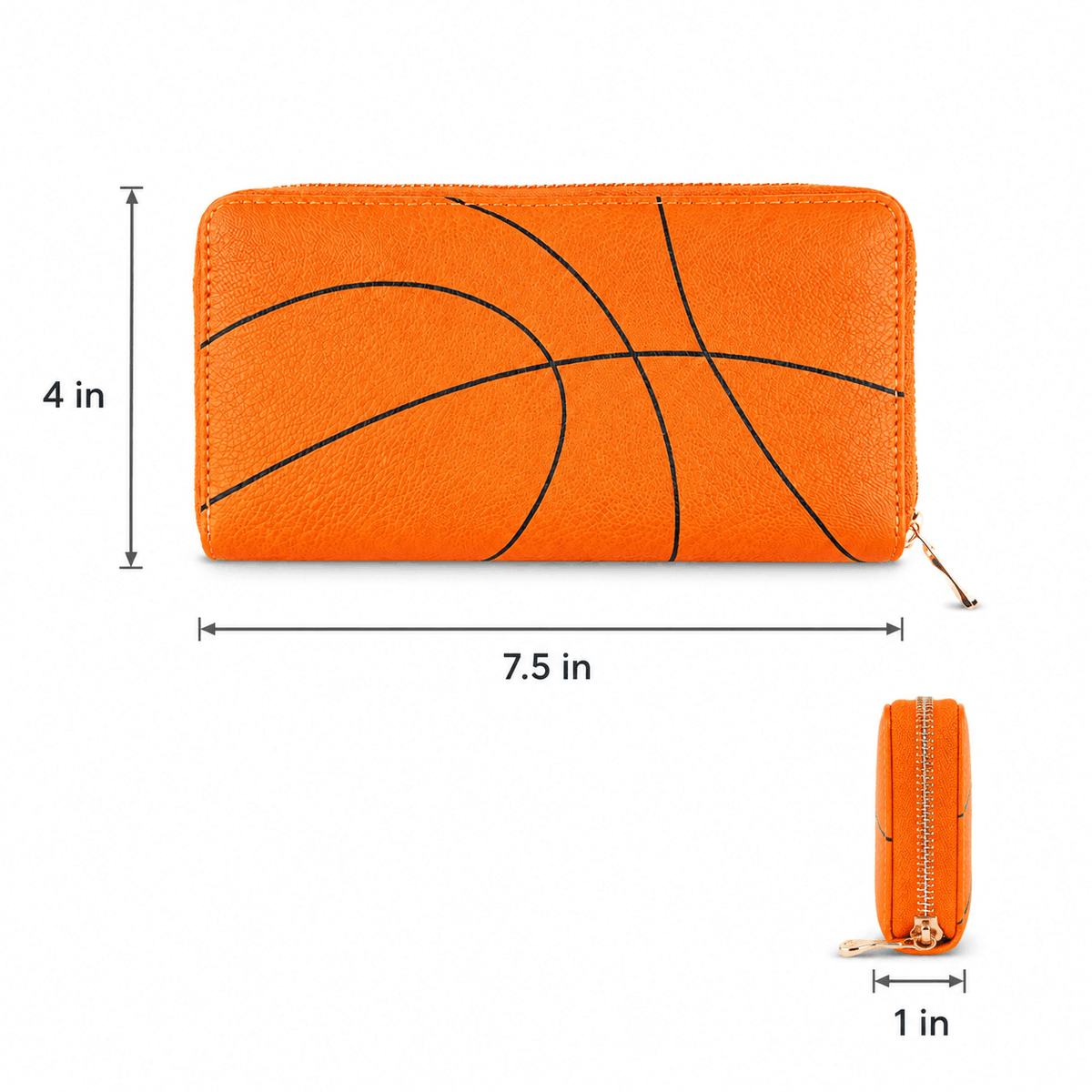 Basketball zipper wallet dimensions showing 7.5 by 4 by 1 inches