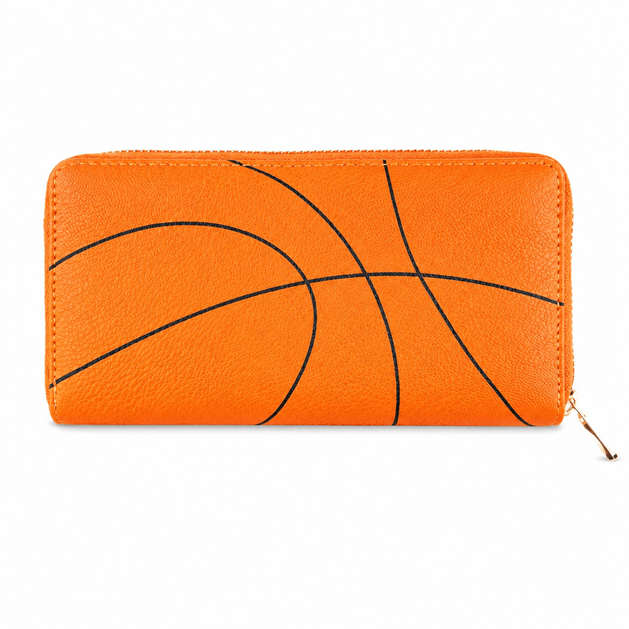 Orange basketball zipper wallet with black line design, front view