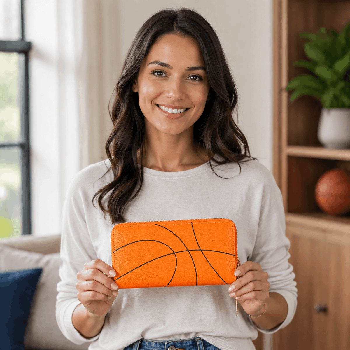 Woman holding an orange basketball zipper wallet