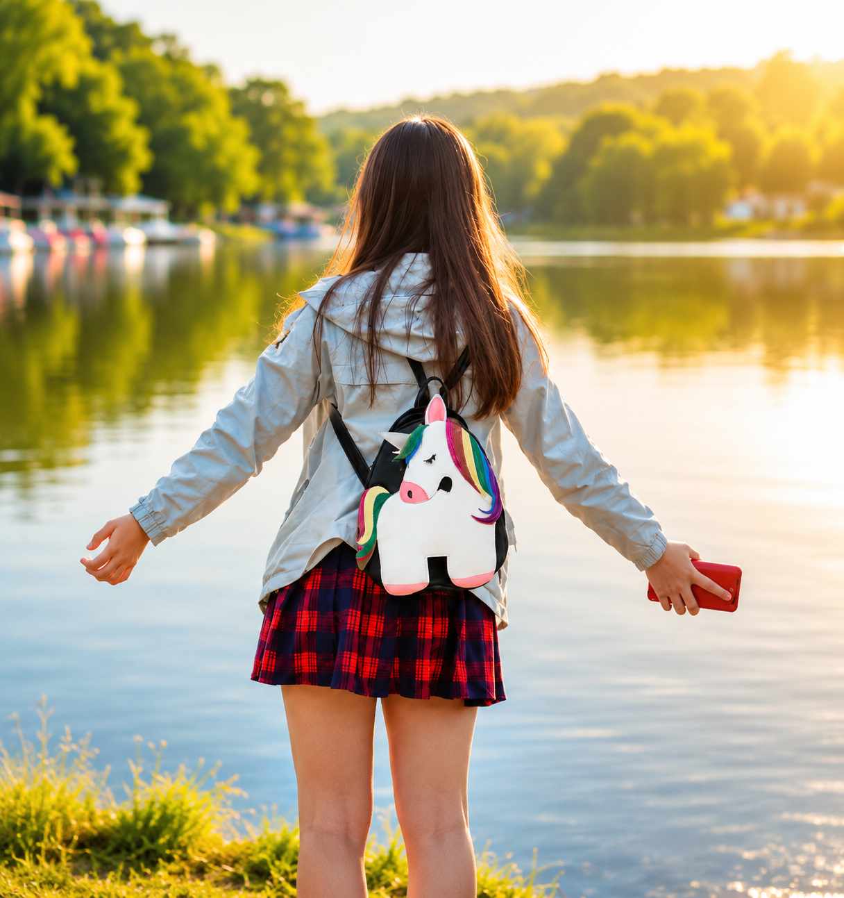 Girl wearing a cute unicorn backpack while enjoying a sunny lakeside view.