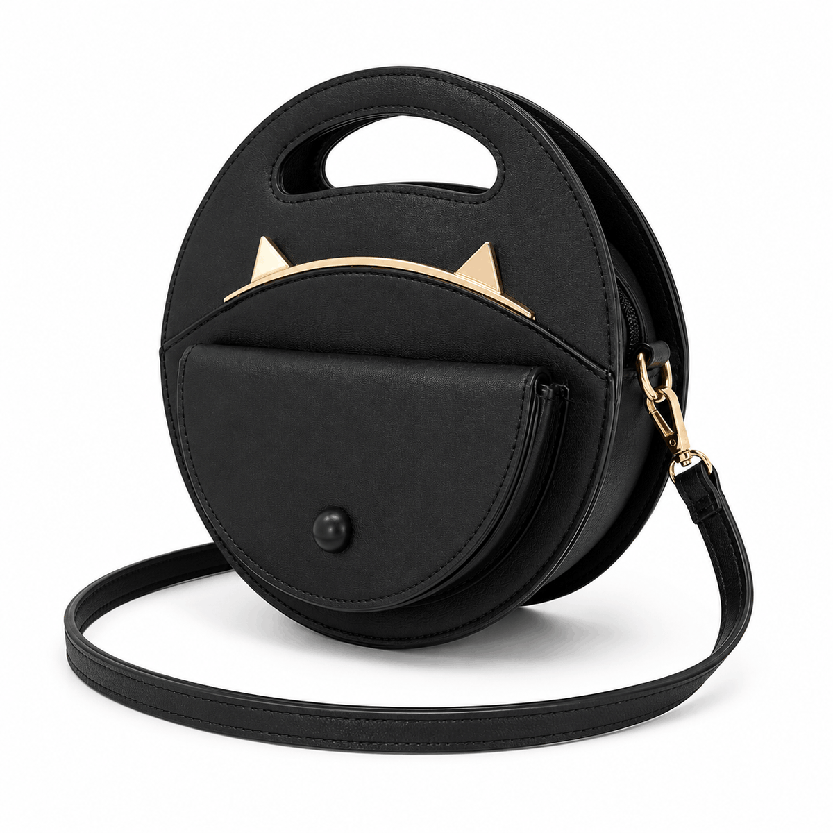 Angled view of a black cat crossbody bag with detachable shoulder strap
