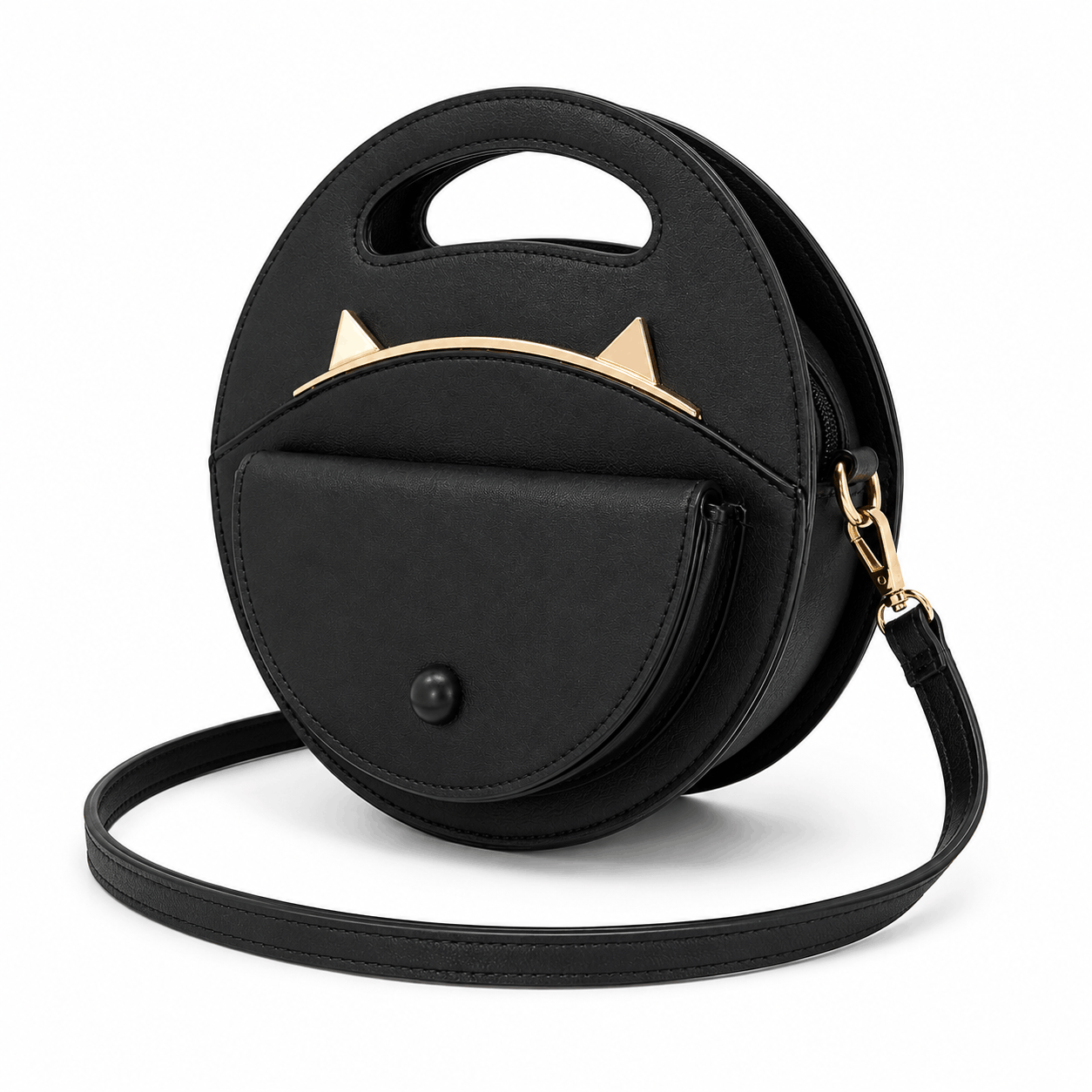 Angled view of a black cat crossbody bag with detachable shoulder strap