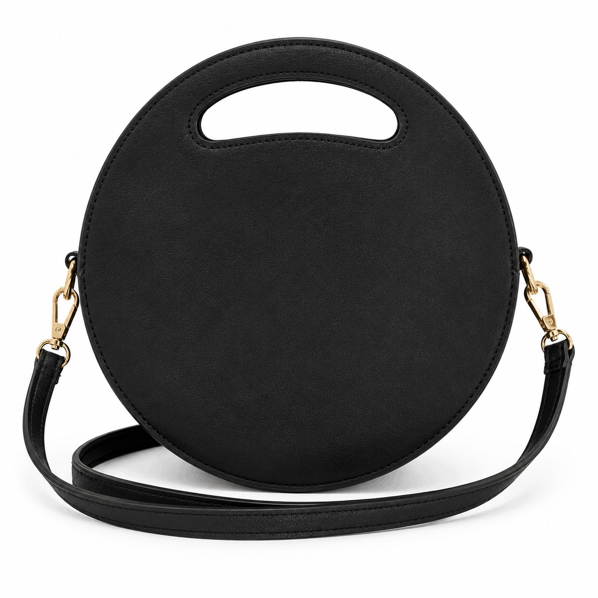Back view of a black round cat crossbody bag with smooth vinyl finish