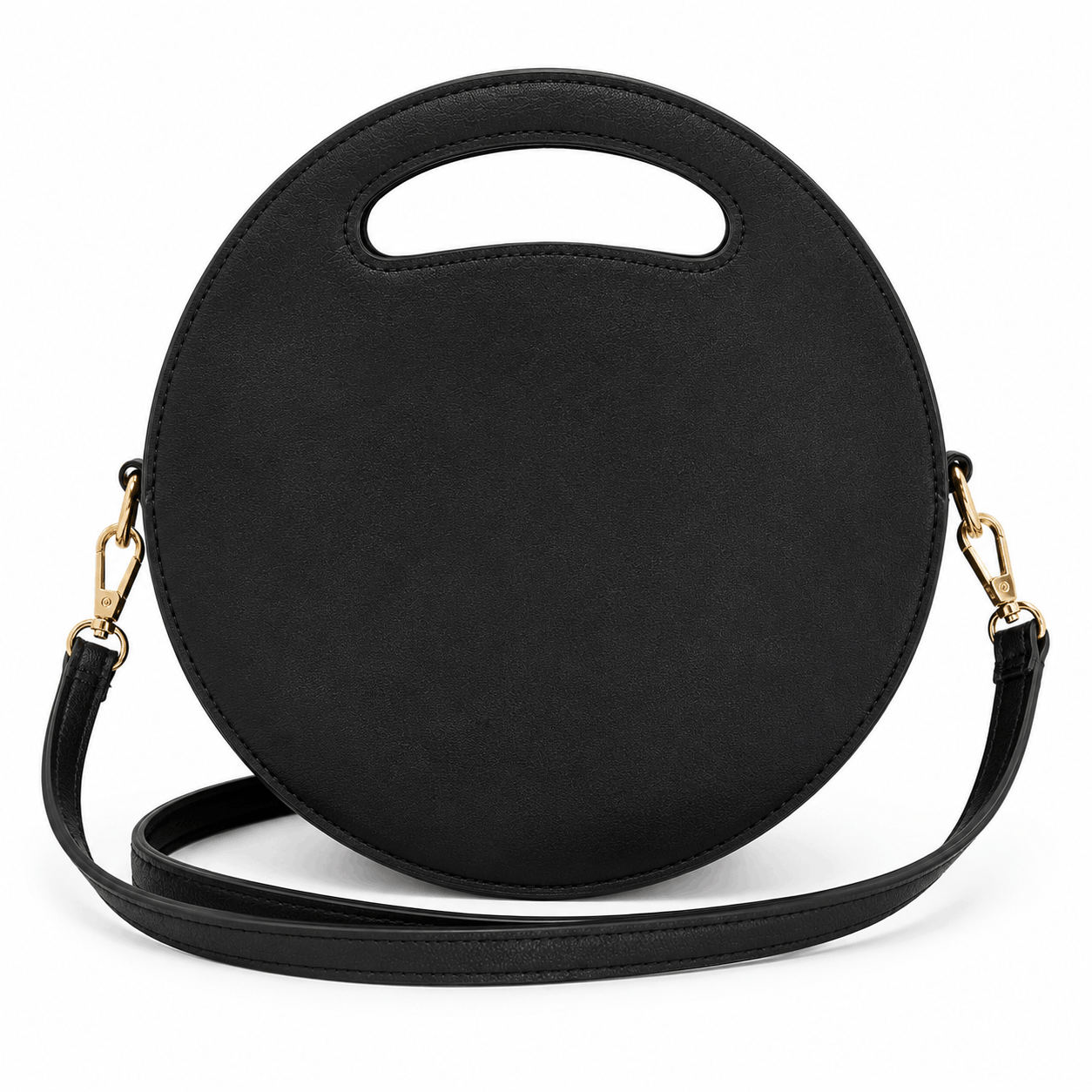 Back view of a black round cat crossbody bag with smooth vinyl finish