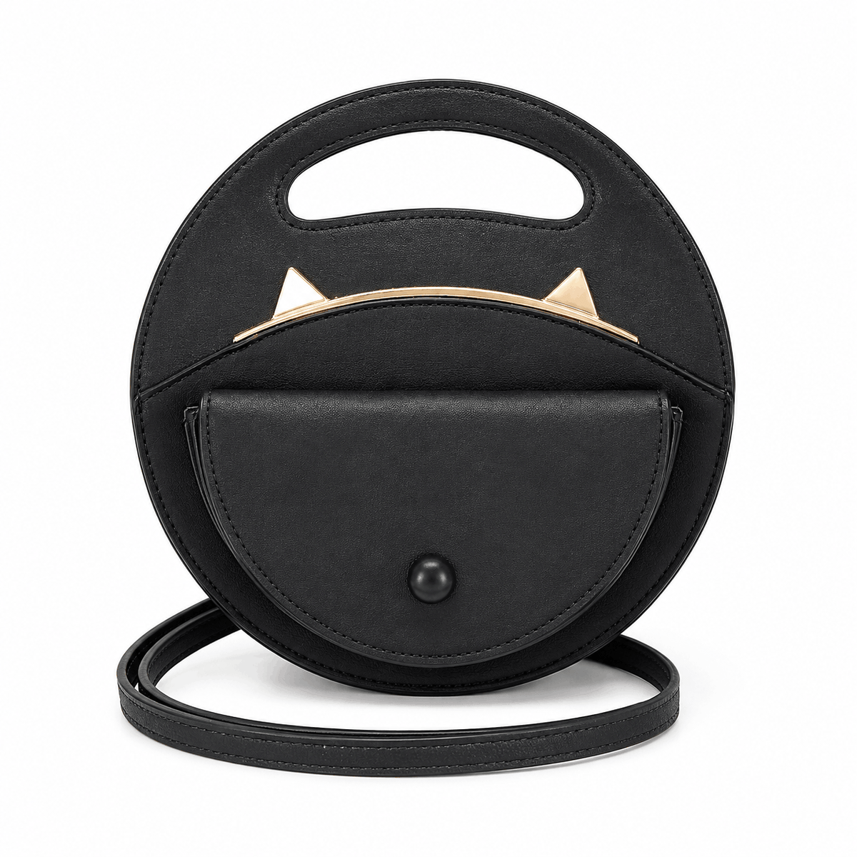Black cat crossbody bag with gold cat ear accents on a white background