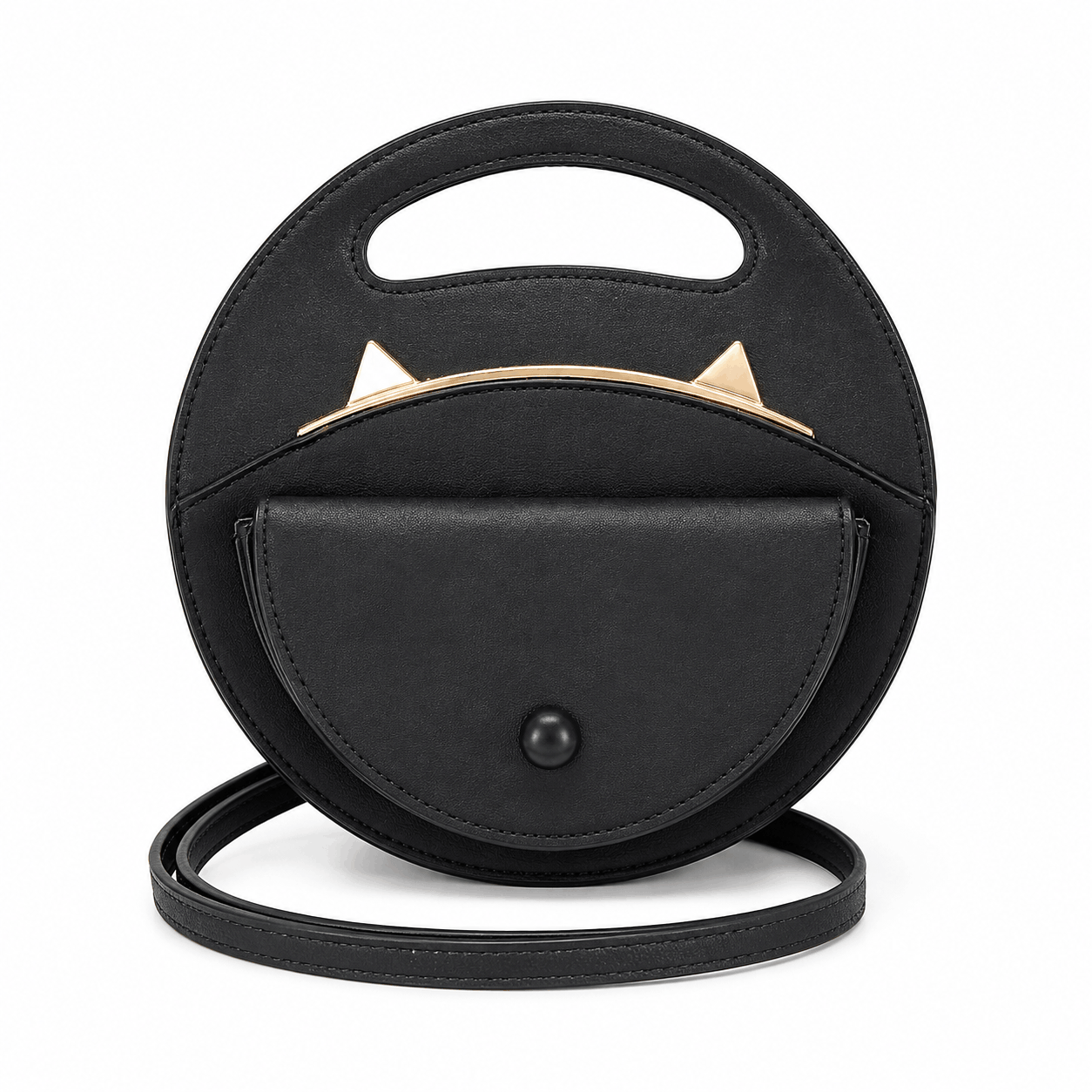Black cat crossbody bag with gold cat ear accents on a white background