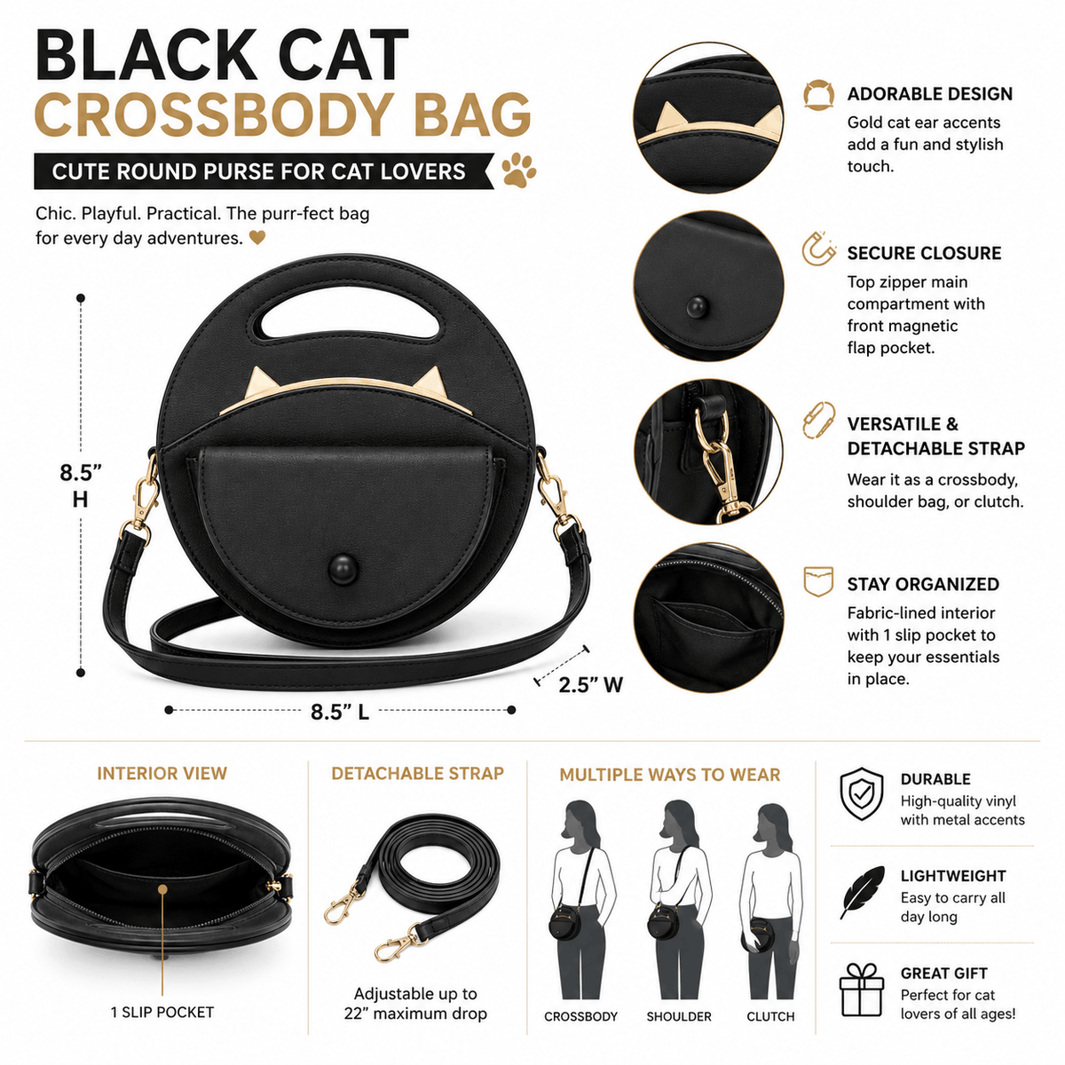 Product infographic showing dimensions and features of the black cat crossbody bag