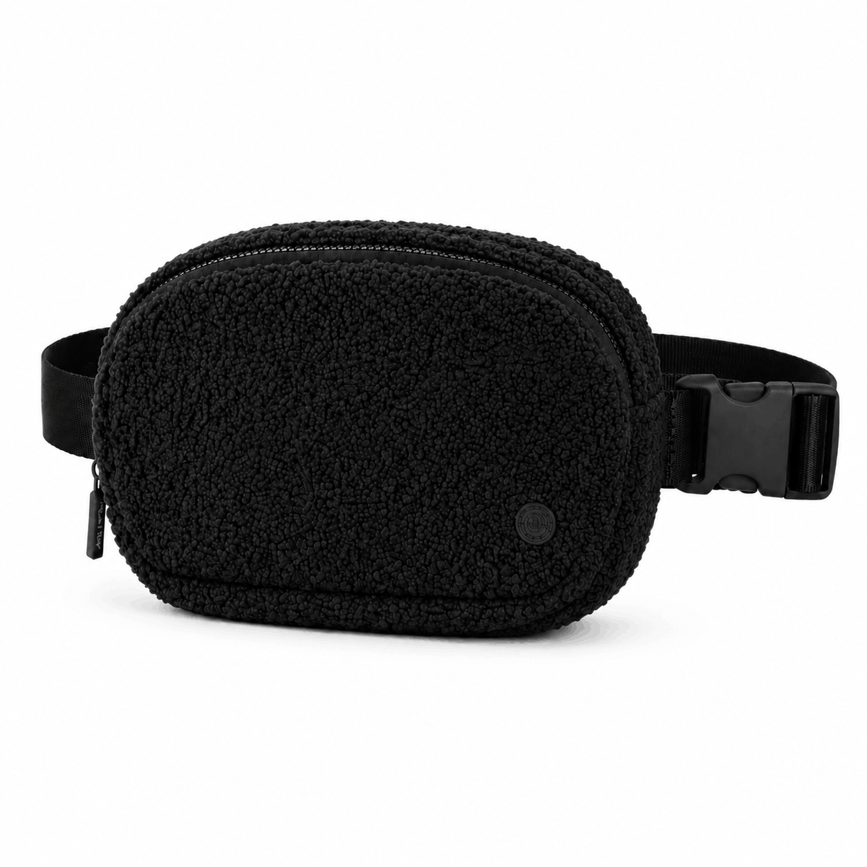 Angled view of the Black Fleece Belt Bag showing its textured exterior