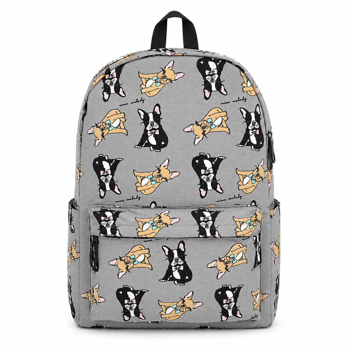 Boston Terrier backpack with canvas dog print front view