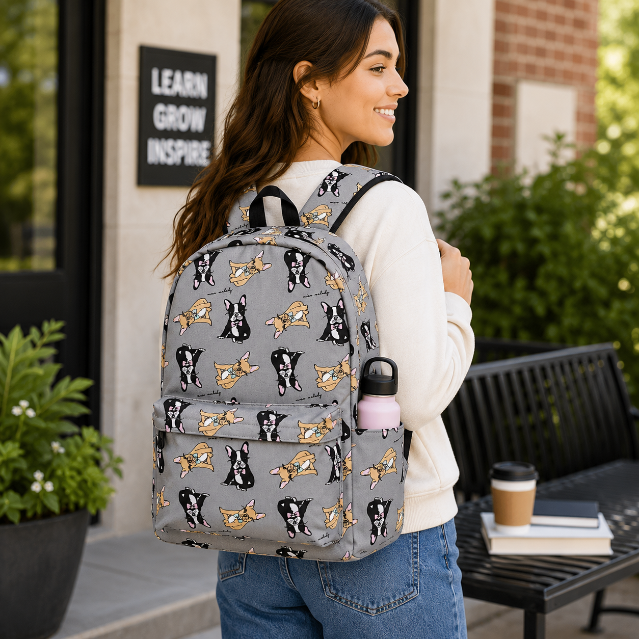 Person wearing Boston Terrier backpack outdoors on campus