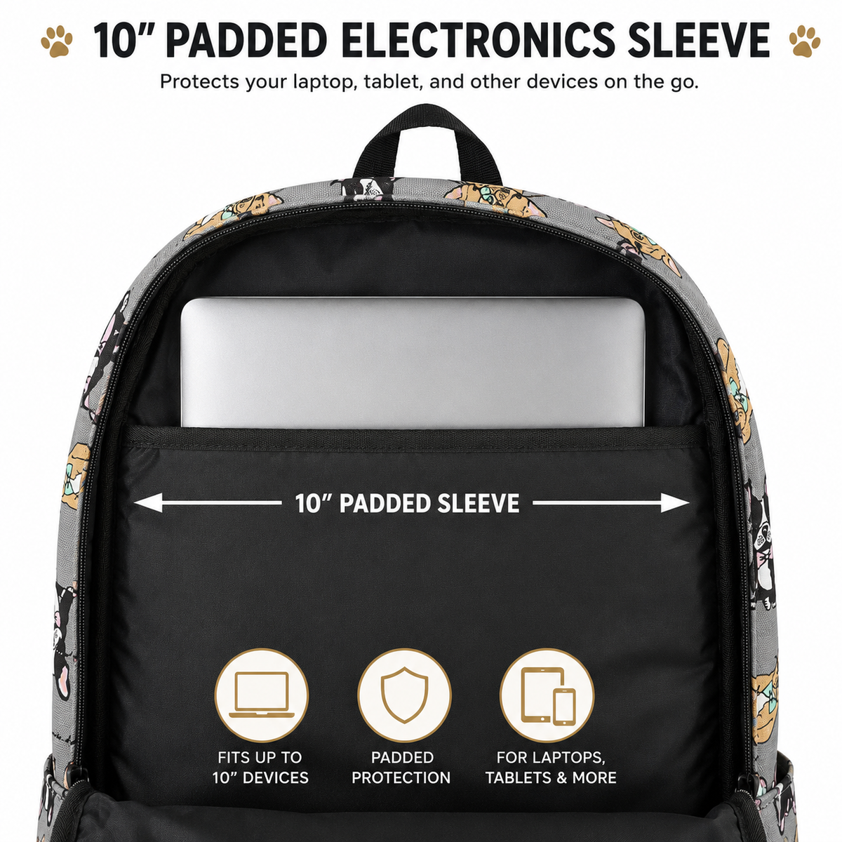 Interior 10-inch padded electronics sleeve inside Boston Terrier backpack