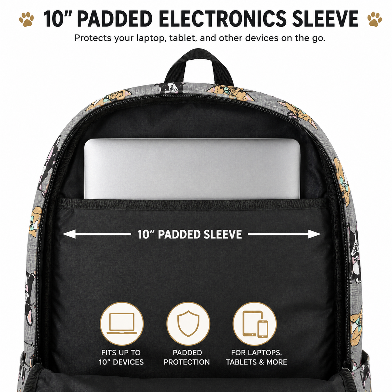 Interior 10-inch padded electronics sleeve inside Boston Terrier backpack