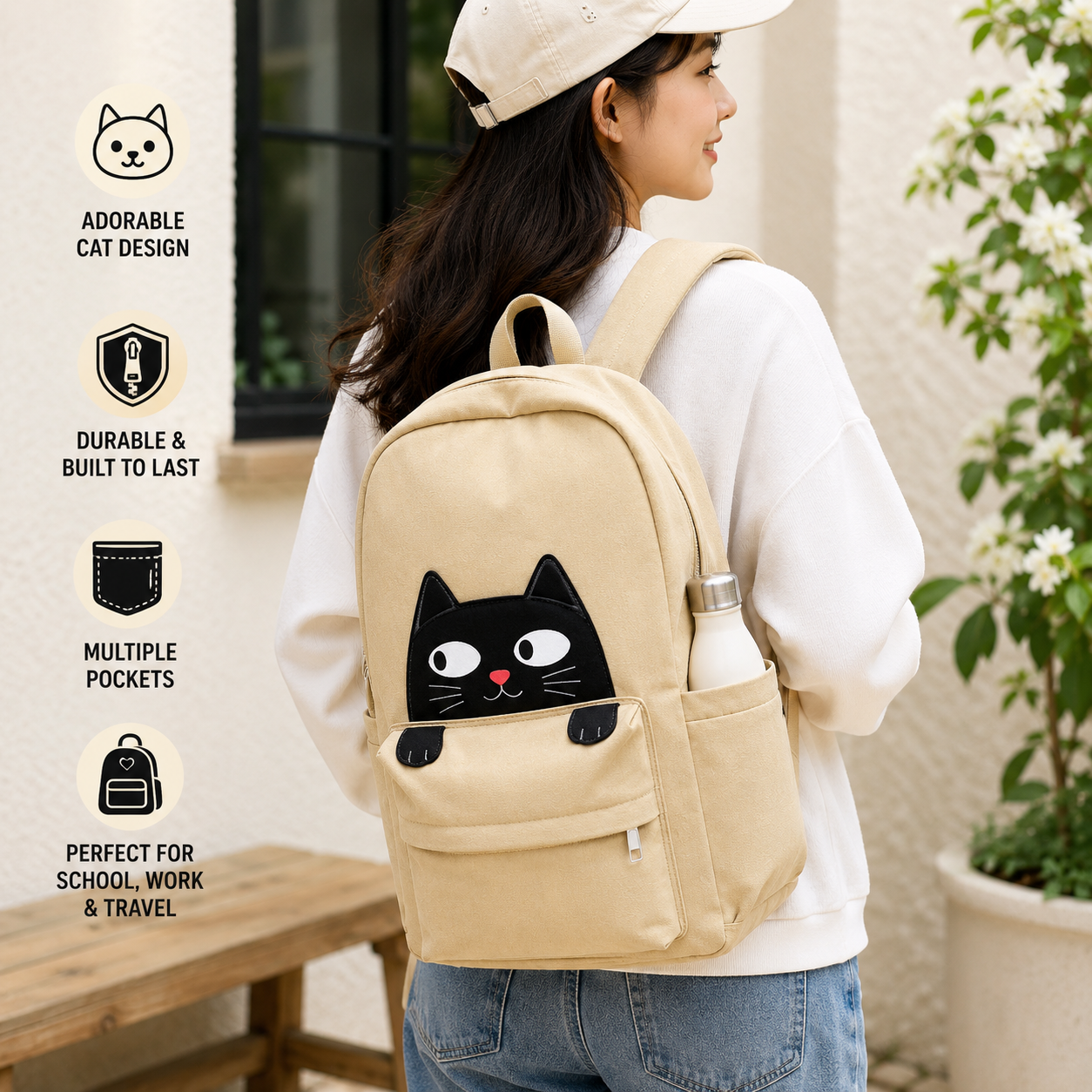 Young child wearing the Cat Canvas School & Travel Backpack while walking into school on a sunny morning.