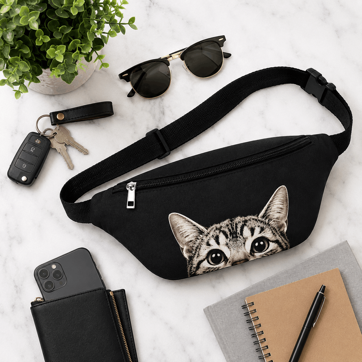 Cat fanny pack displayed with everyday travel essentials