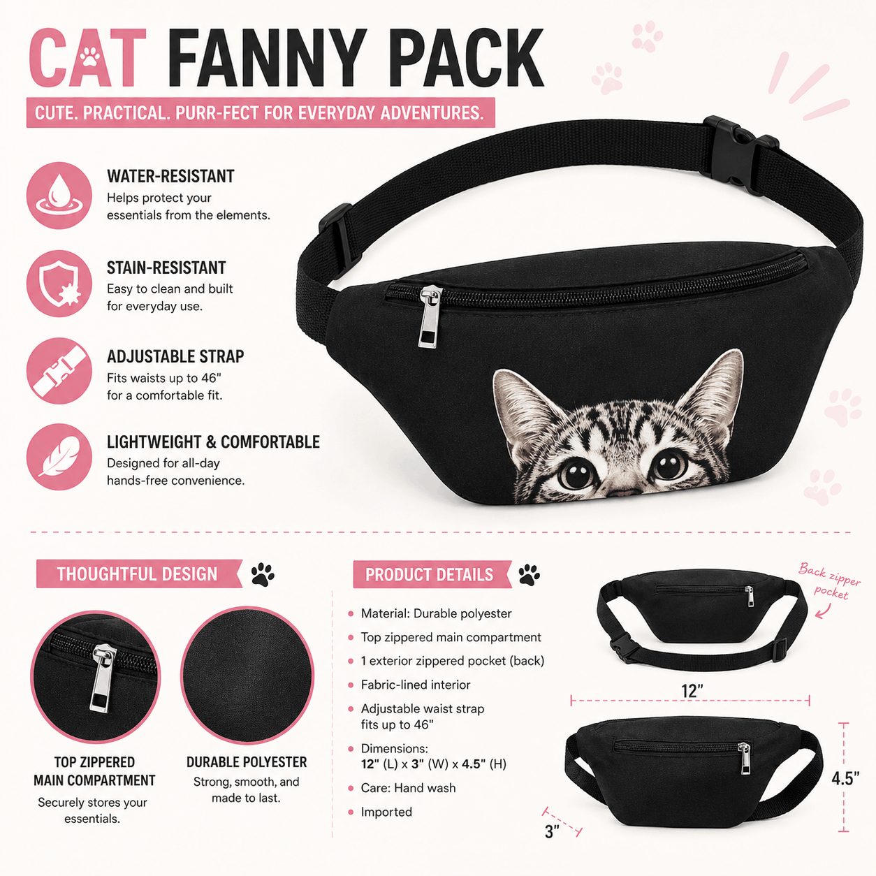 Cat fanny pack dimensions and features infographic