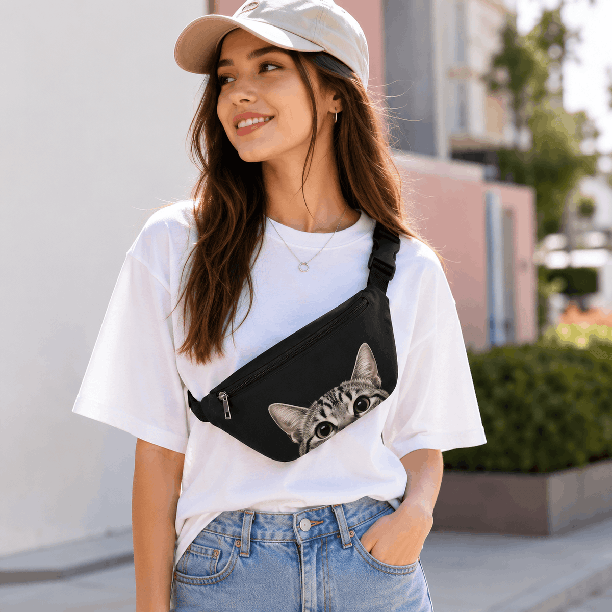 Woman wearing cute cat fanny pack while shopping outdoors