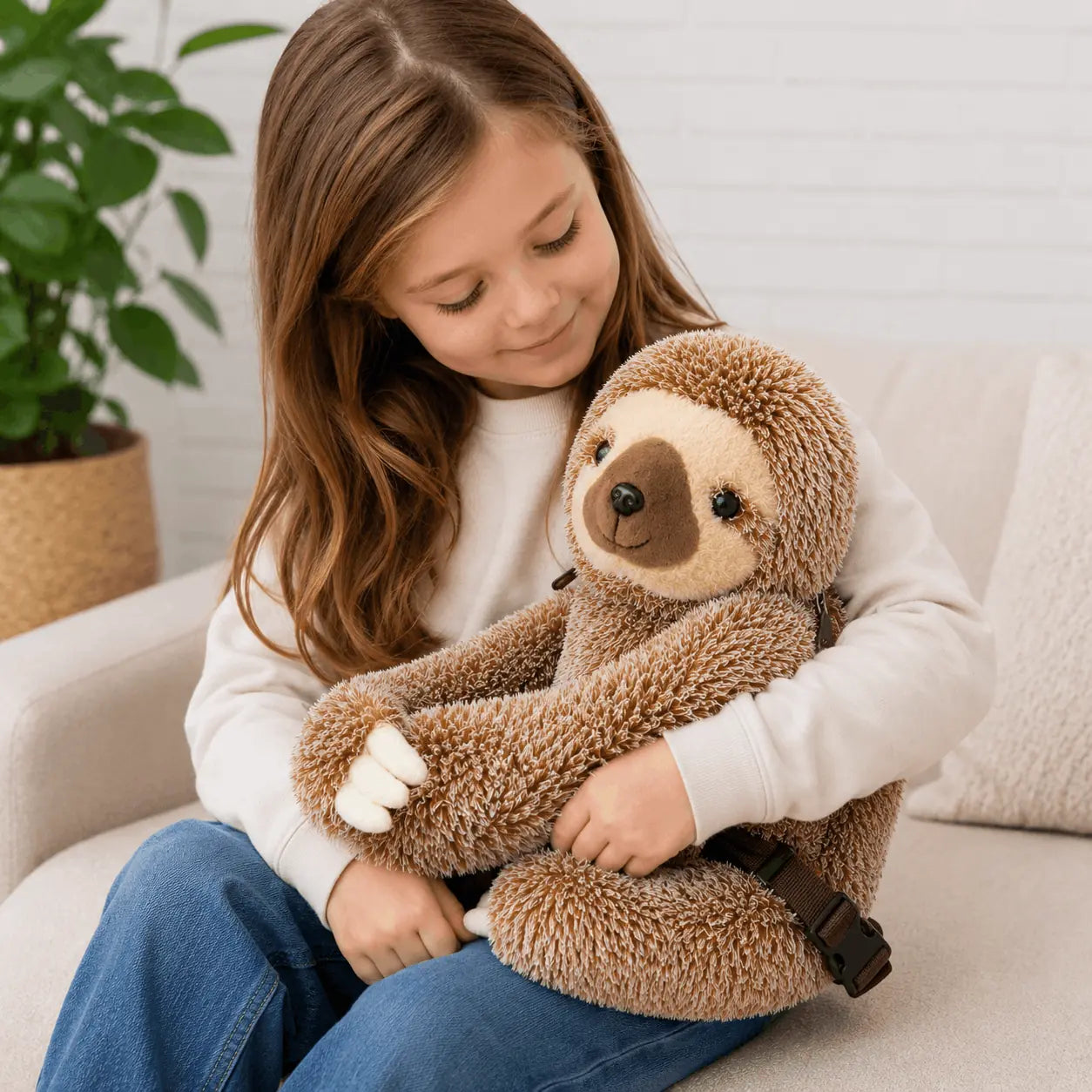 Child holding a plush sloth mini backpack to demonstrate its soft cuddly design and kid-friendly size