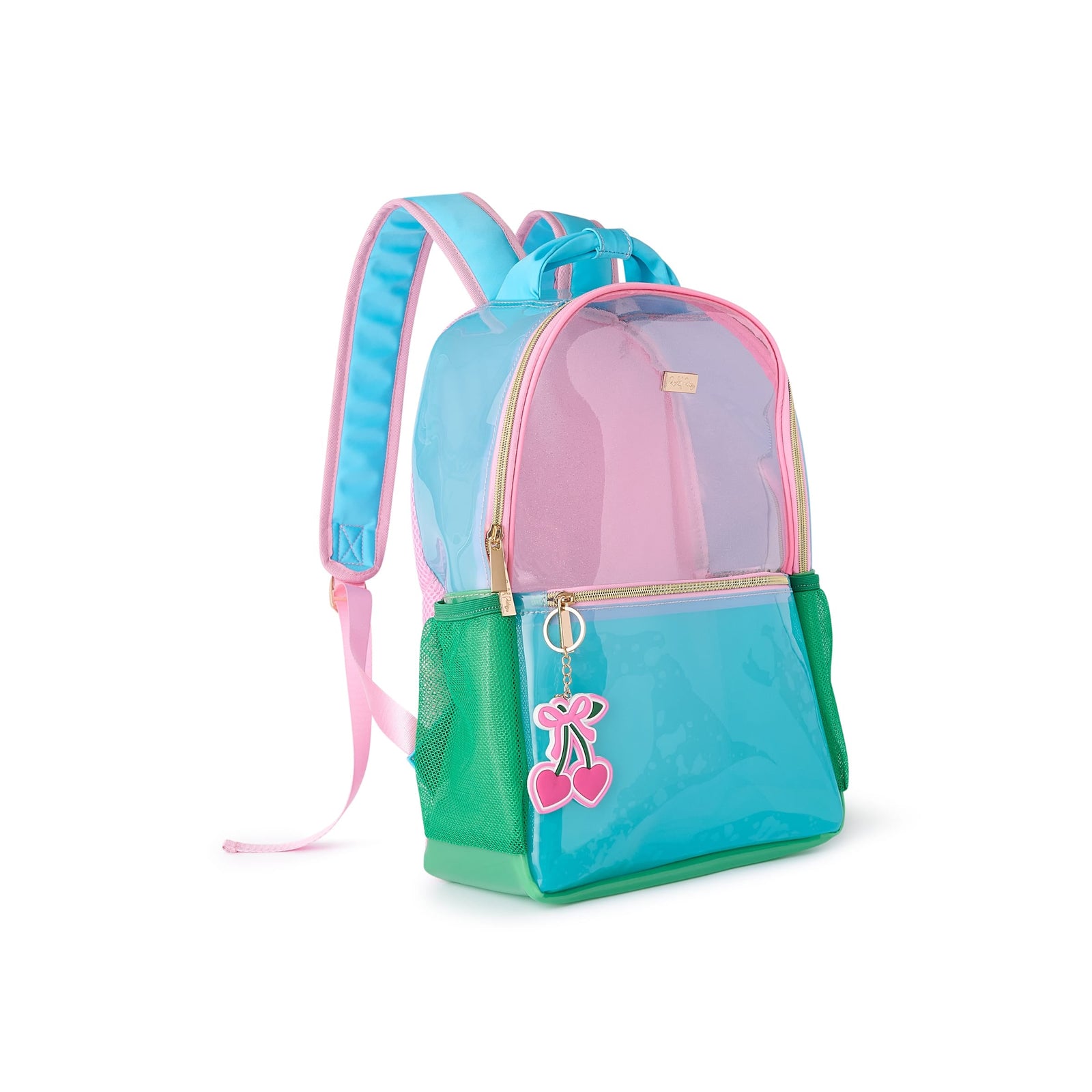 Clear Color Block Jelly Backpack angled view showing its pastel panels and mesh side pocket.