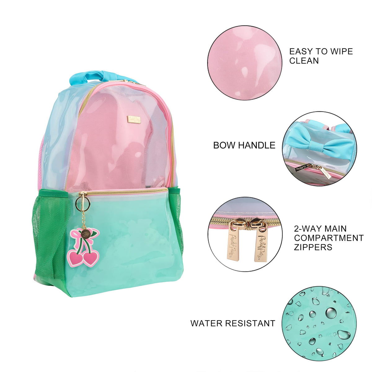 Clear Color Block Jelly Backpack infographic highlighting the bow handle, zippers, and easy-clean vinyl.