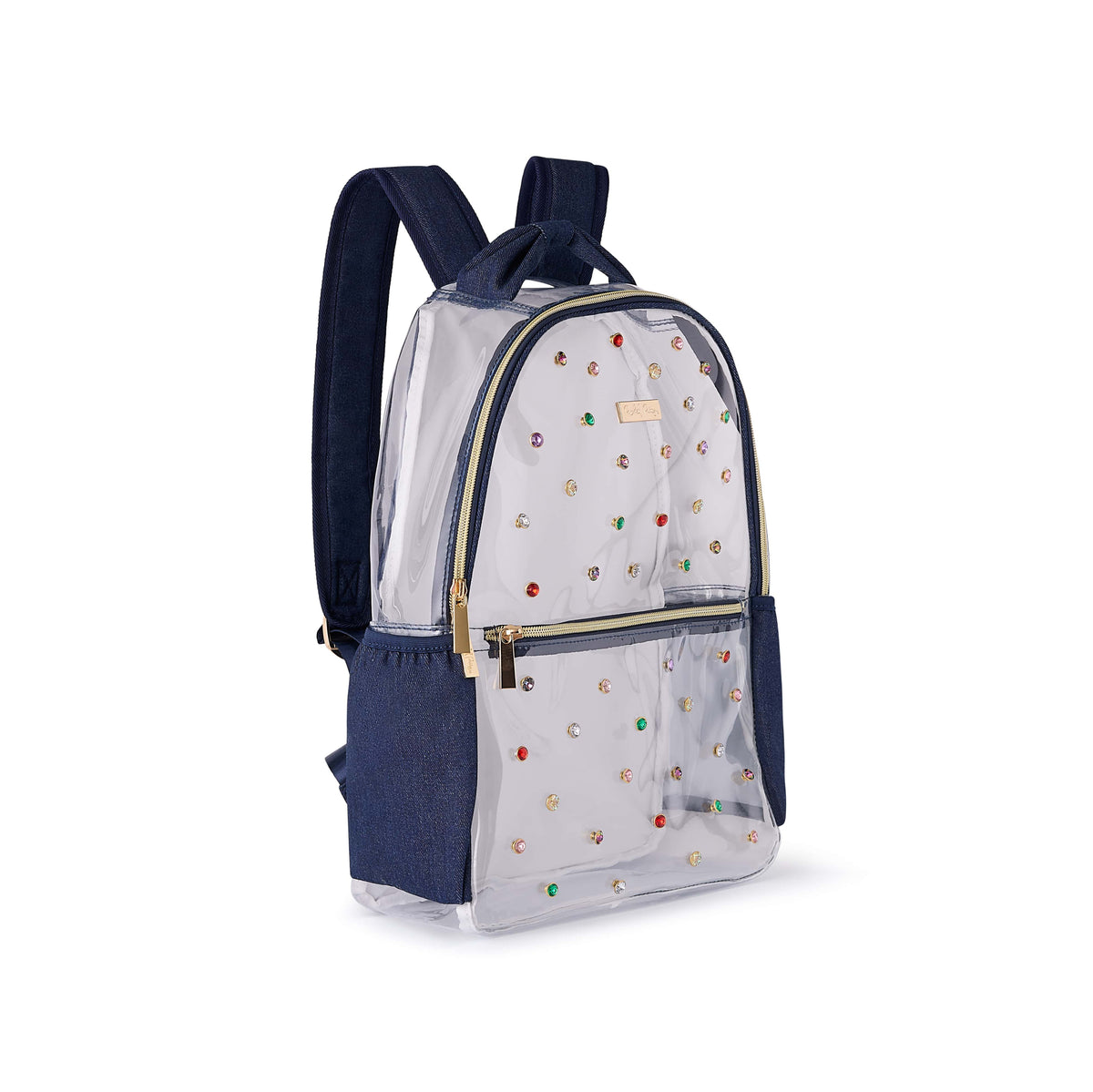 Clear Denim and Gems Backpack angled view showing clear vinyl, denim trim, and a side pocket.