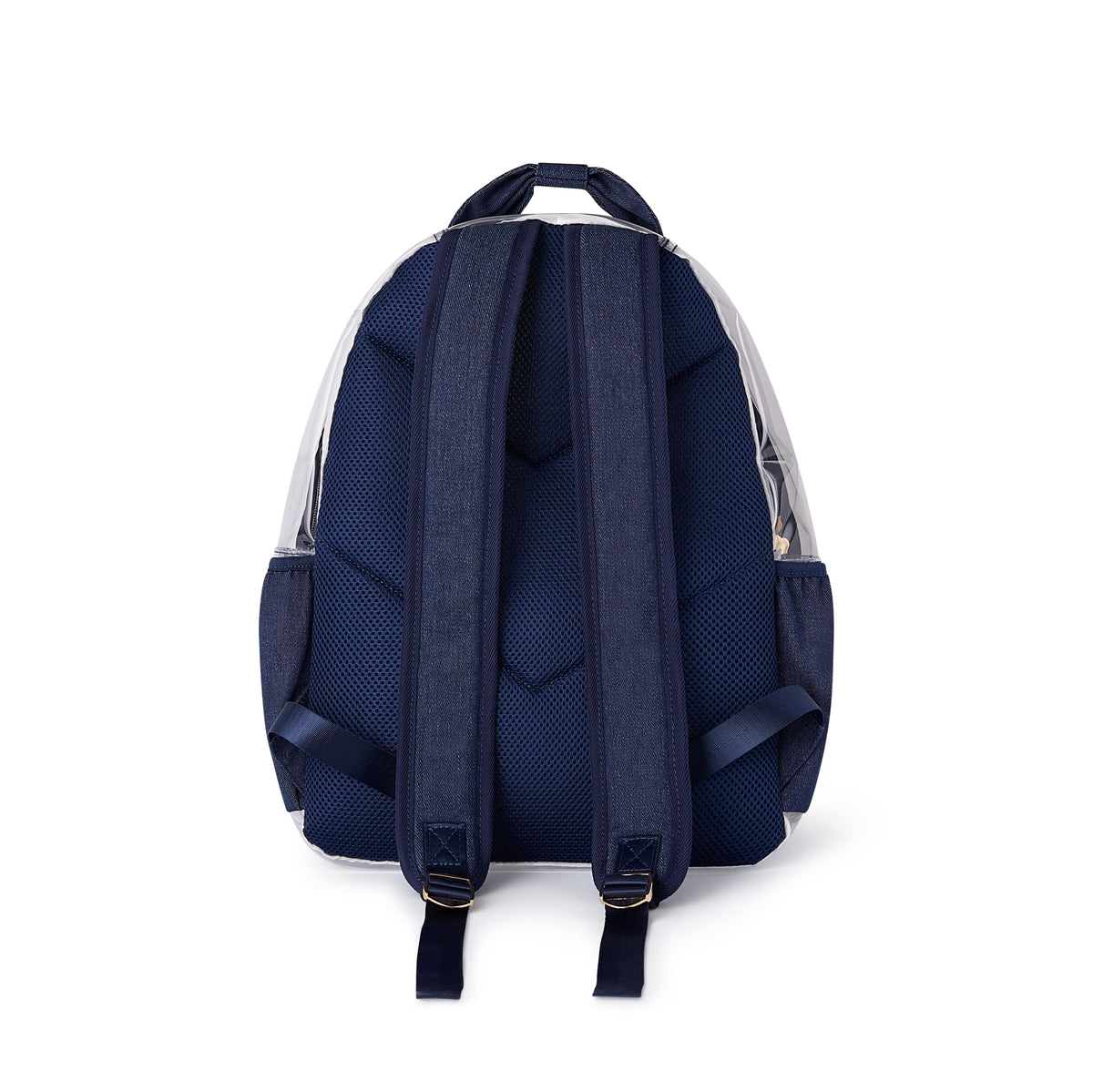 Back view of the Clear Denim and Gems Backpack with padded denim straps and breathable mesh.