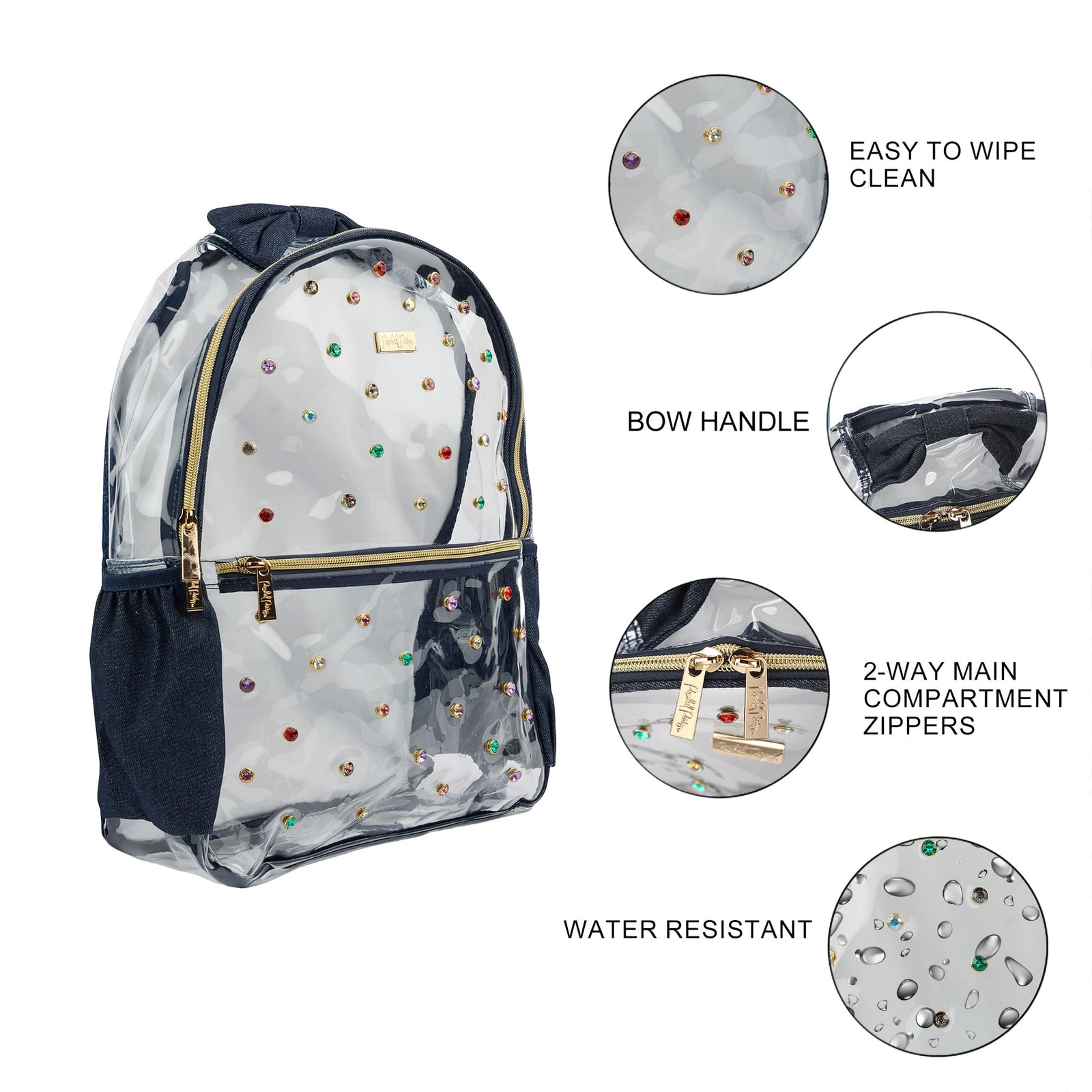 Clear Denim and Gems Backpack infographic highlighting the bow handle, zippers, and easy-clean vinyl.