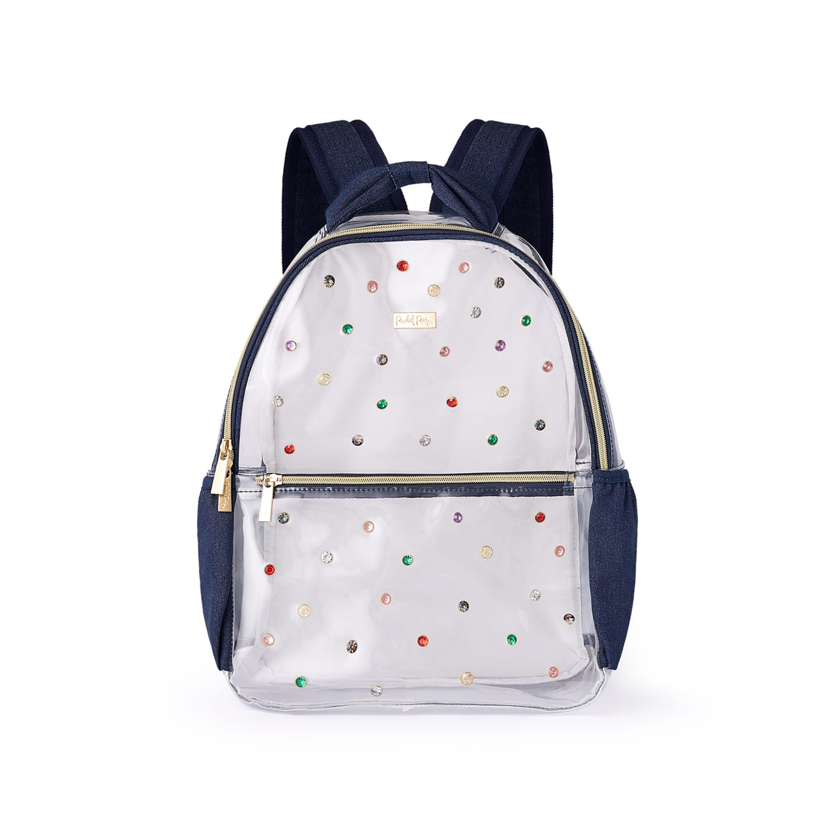 Clear Denim and Gems Backpack front view with colorful gemstone rivets and dark denim accents.