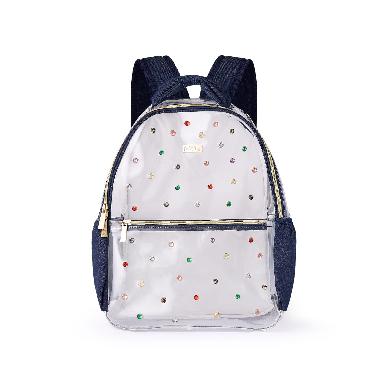 Clear Denim and Gems Backpack front view with colorful gemstone rivets and dark denim accents.