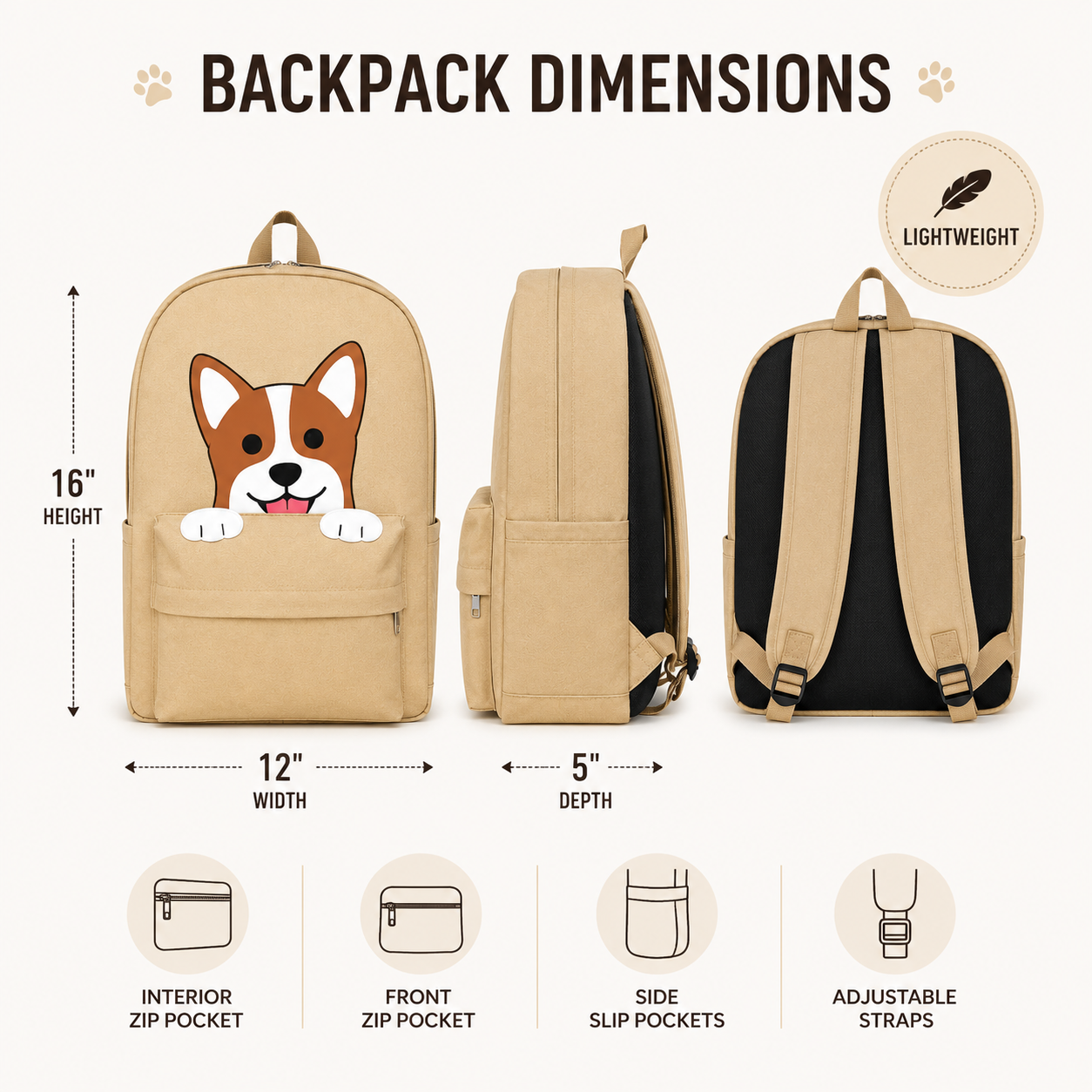 Corgi backpack dimensions showing 16-inch height, 12-inch width, 5-inch depth, storage pockets, and adjustable straps.
