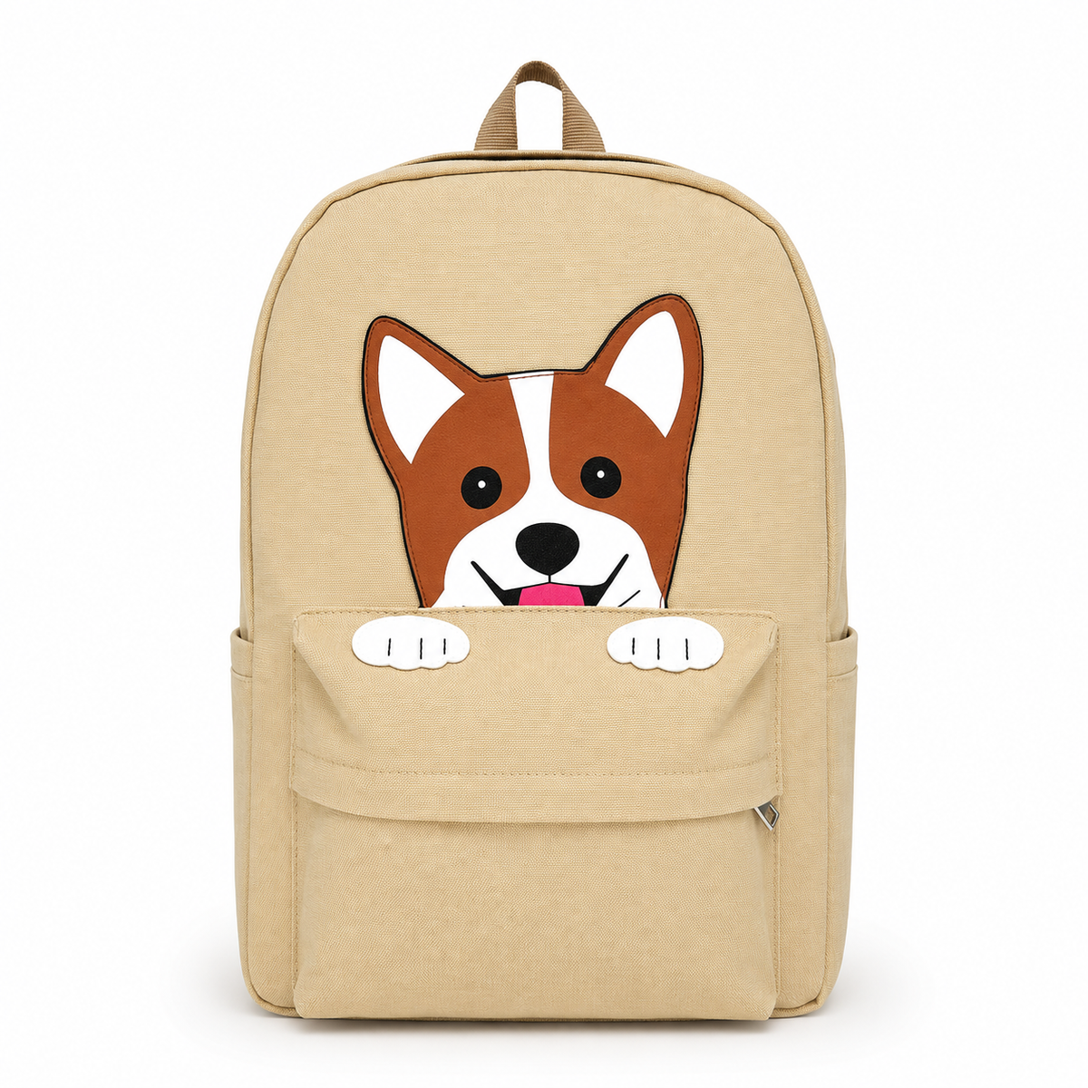 Adorable Corgi canvas backpack with front zipper pocket on a white background.