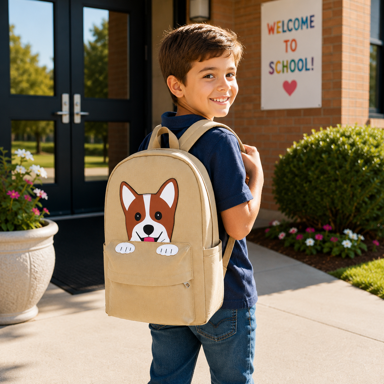 Child wearing the Corgi backpack while walking into school on a bright morning.